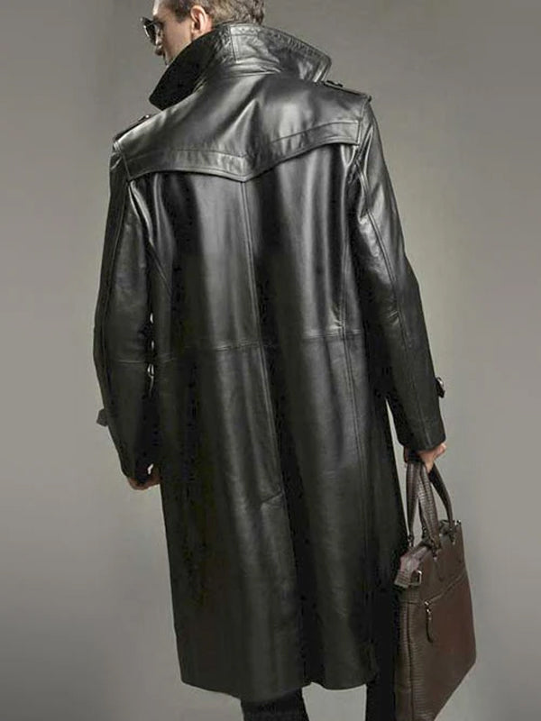 Men's Classic Black Leather Trench Coat