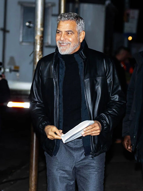 Wolfs 2024 George Clooney Black Leather Jacket