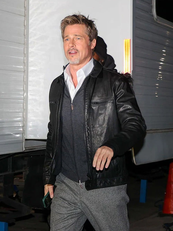 Wolfs Brad Pitt Black Leather Jacket