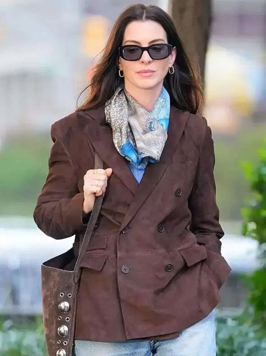 The Devil Wears Prada 2 Anne Hathaway Brown Suede Leather Blazer