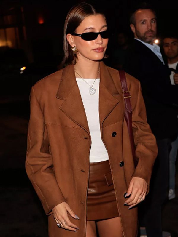 Hailey Bieber Brown Leather Blazer