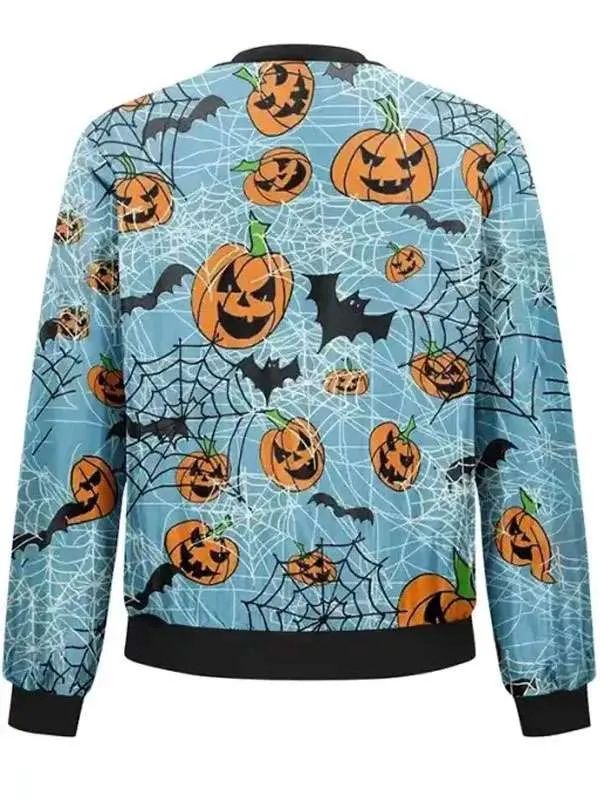 Halloween Bats and Web Printed Blue Bomber Jacket
