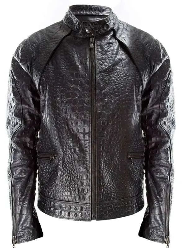 Men Crocodile Textured Black Leather Jacket 