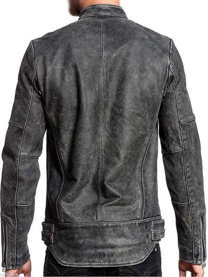 Men’s Distressed Black Leather Cafe Racer Style Jacket