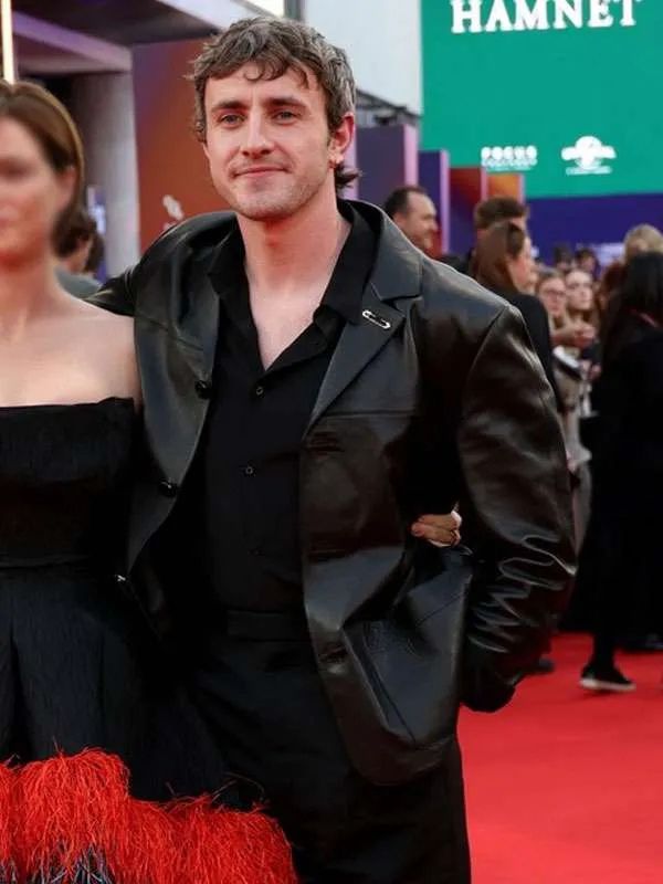 Paul Mescal Hamnet Movie Premiere Black Leather Jacket