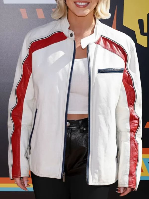Racing Championship Sydney Sweeney White and Red Cafe Racer Leather Jacket