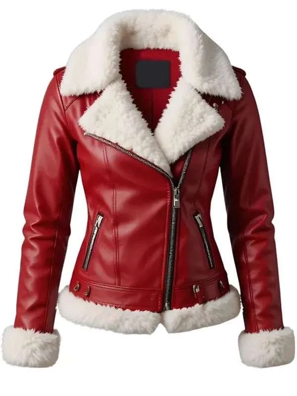 Women Christmas Shearling Red Leather Jacket 