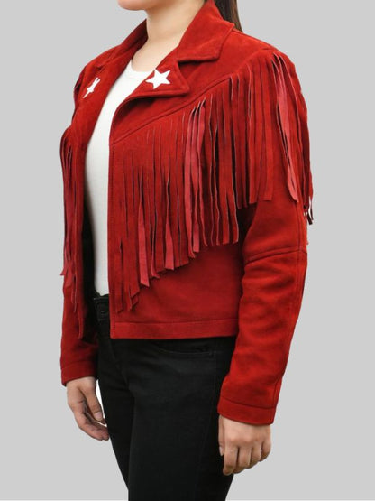 Women’s Red Western Style Fringed Leather Jacket